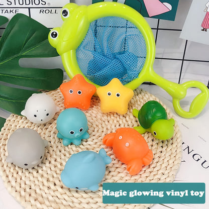 Colorful glow-in-the-dark bath toy set of luminous ocean animals made of PVC, with batteries included. Fun and educational bathtub game for youngsters.