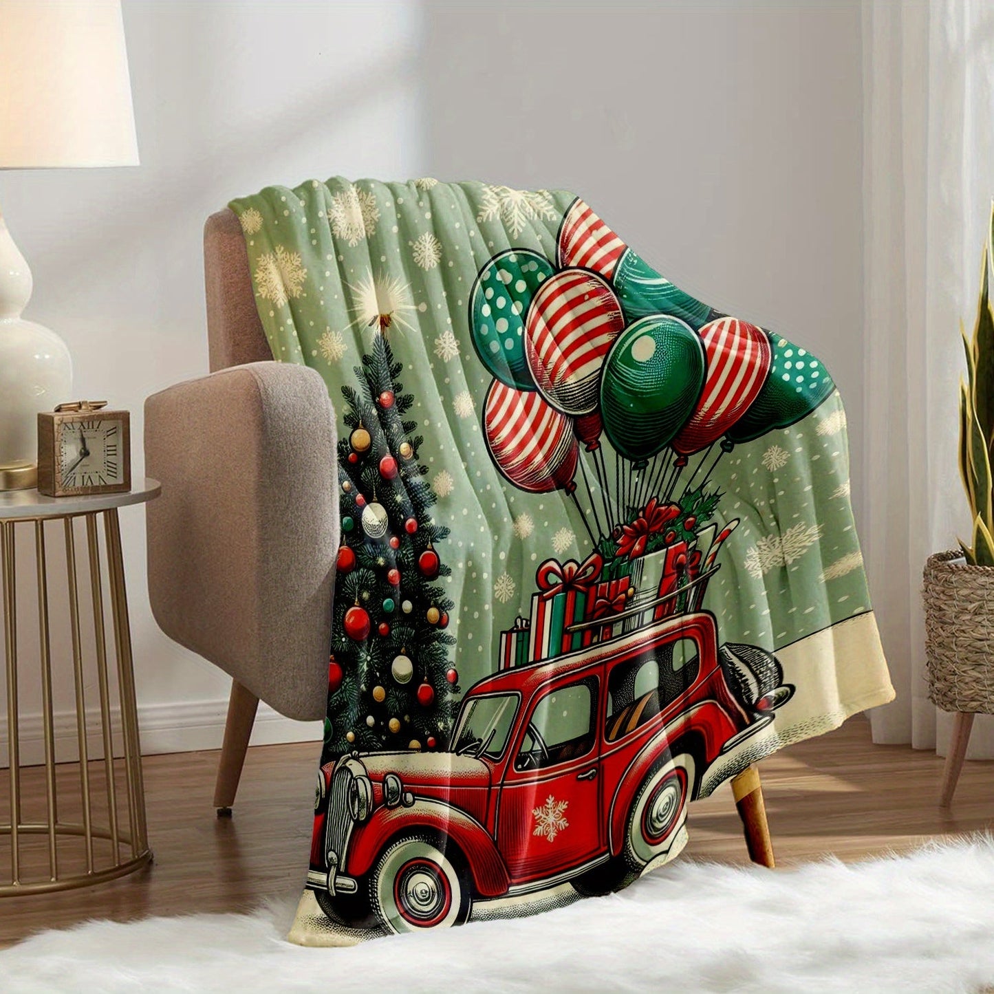 Christmas flannel blanket with a rustic design, made from plush thick and soft material for warmth and comfort. This ultrafine fiber blanket features digital print, is reversible, and suitable for all seasons. It is machine washable and can be used for