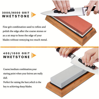 This professional knife sharpening stone set includes a whetstone sharpener kit with 4 side grits (400/1000 3000/8000), a non-slip bamboo base, a flattening stone, an angle guide, and a leather strop. It is the best choice for knife sharpening and a