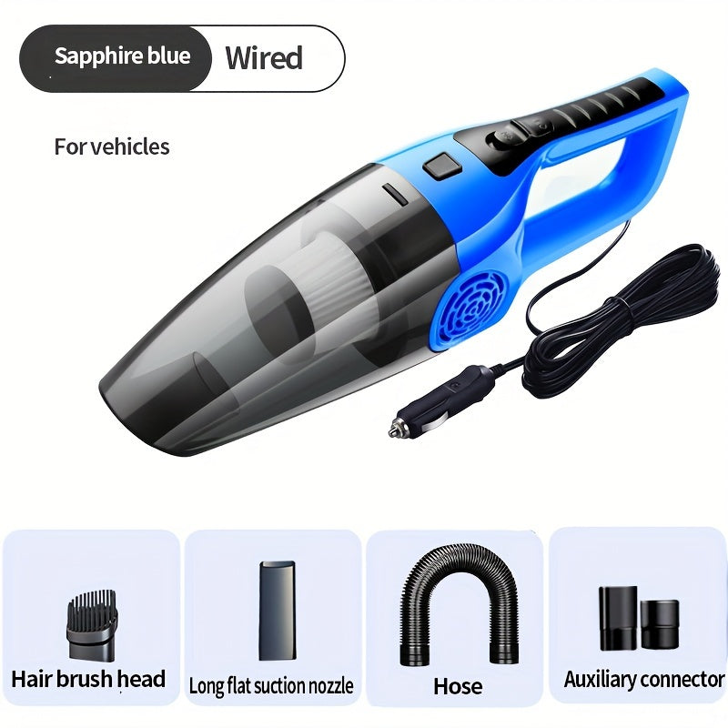 Handheld car vacuum cleaner with 5m cord, 4KPa suction power, 100W, 0.3L dust cup, car plug, one-click dusting, flat nozzle, 60dB noise level - no battery needed.