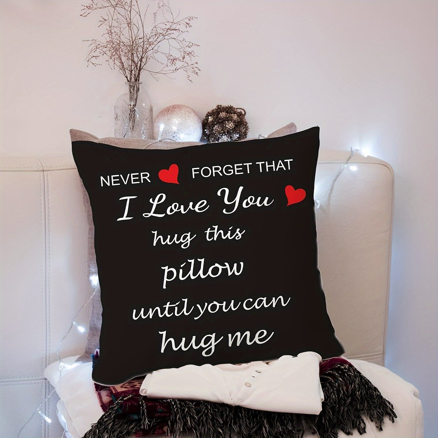 Romantic 'I Love You' hug-inspired pillow cover, 45.72x45.72 cm, perfect girlfriend gift, soft plush material, zip closure, hand washable.