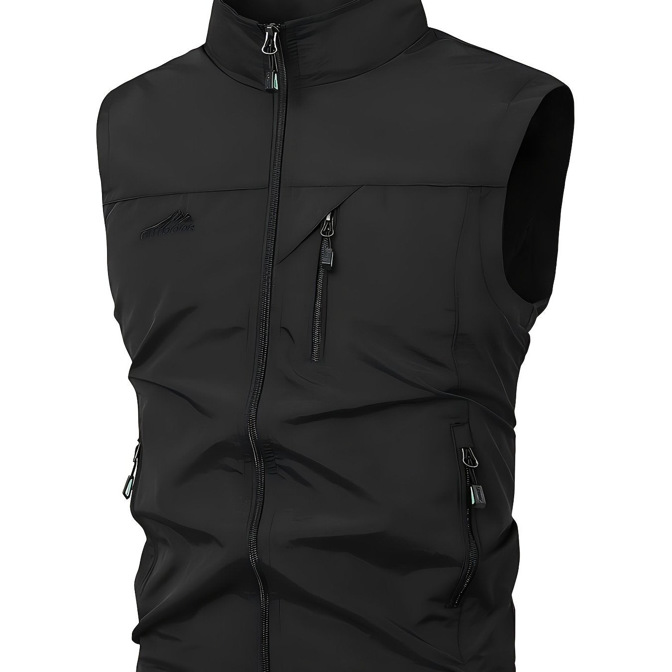 Men's high neck sleeveless jacket with alphabet pattern made of 100% nylon fabric. Features regular fit, multiple zip pockets, and ideal for spring/fall outdoor activities. Can also be worn