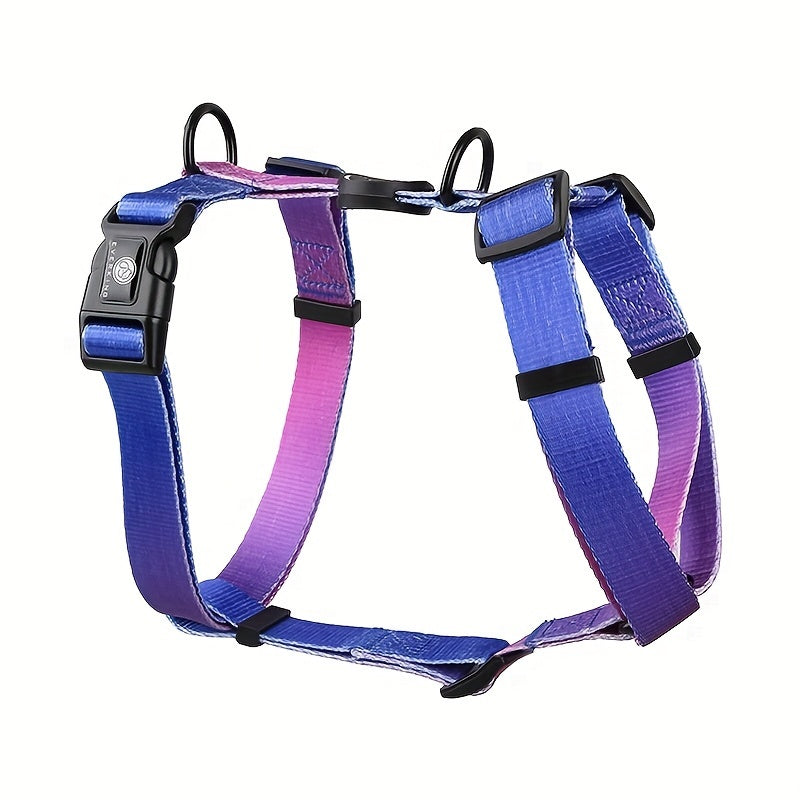 Adjustable and durable dog harness for small to medium dogs with gradient pastel design. Features secure buckle, handle, and polyester material. Ideal for outdoor activities. Hand-wash only.