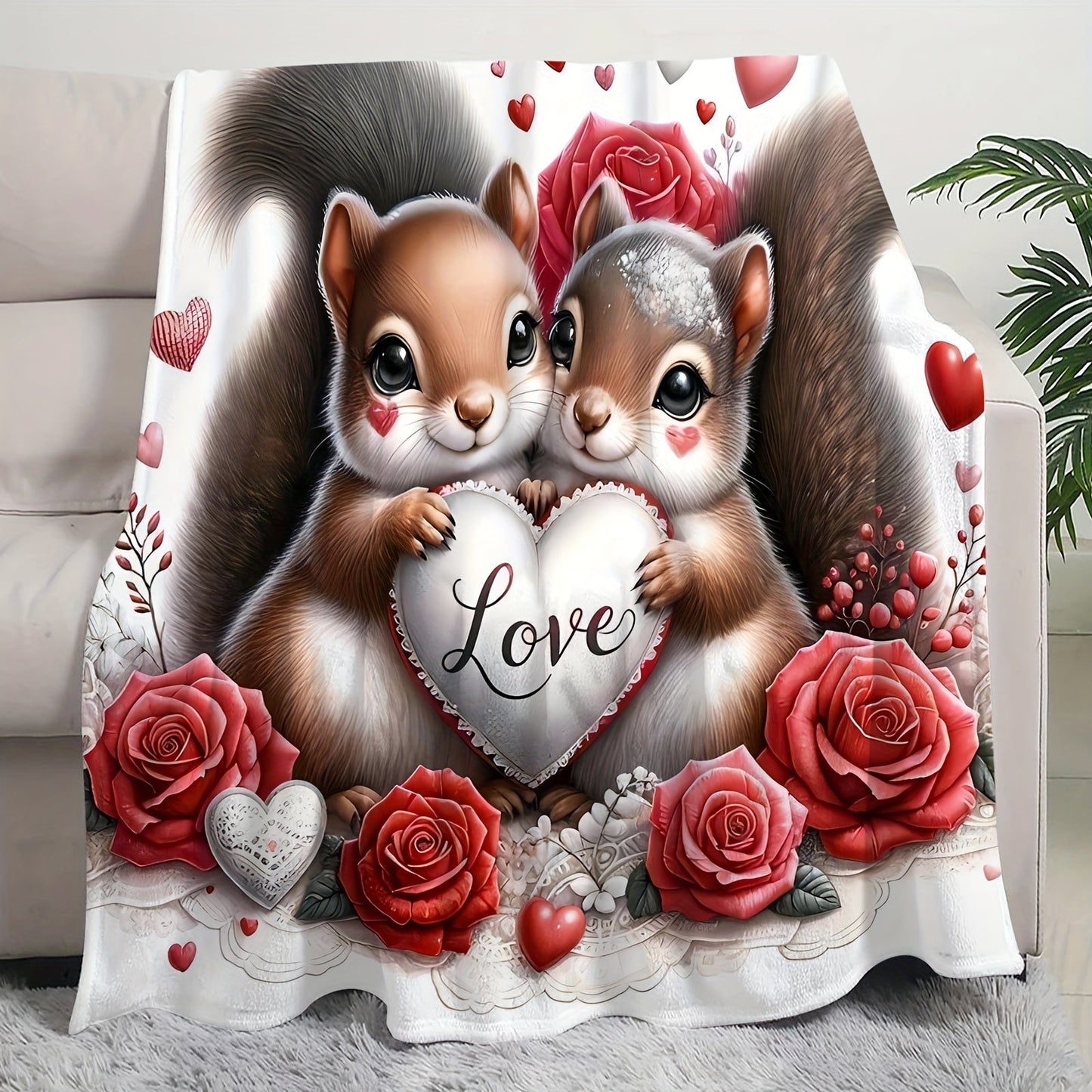 Soft and Cozy Love Squirrel Print Flannel Throw Blanket with a Charming Design - Perfect for Couch, Bed, Office, and Travel - Machine Washable and Versatile for all your needs