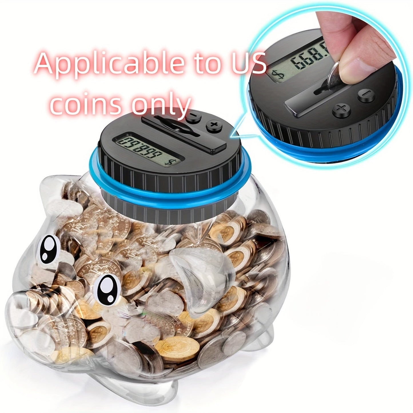 Automatic LCD display digital coin piggy bank with coin counter and large capacity for counting and storing money.