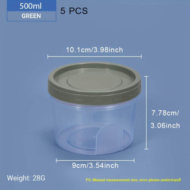 Five pieces of round plastic containers with reusable lids, ideal for storing food, snacks, and lunch. These small freezer storage jars come with screw lids and are microwave safe.