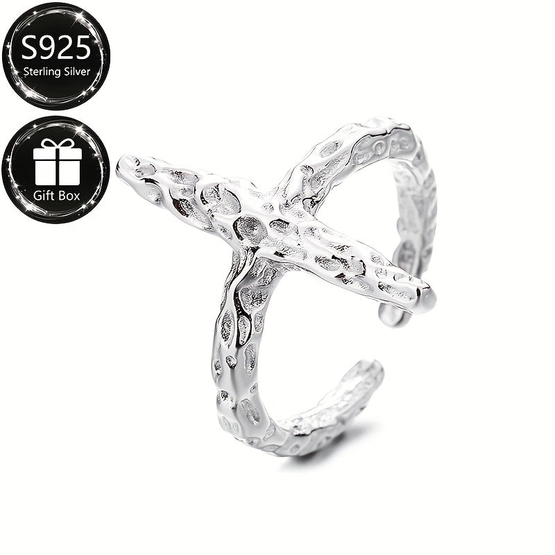 925 Sterling Silver Adjustable Open Cross Ring, featuring an Elegant and Simple design with Textured Folding Pattern. Perfect for both daily wear and special occasions. Suitable for both men and women.