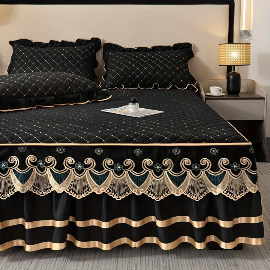 Vintage Style Black Bed Skirt and Pillowcases Set - 3 Piece with Embroidered Lace Trim, Thickened Quilted Bedding, Machine Washable, All-Season Comfort for Home and Hotel Use