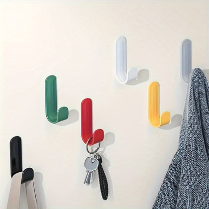 6 strong adhesive J-shaped hooks for kitchen storage, with no-drill, rust-resistant plastic design.