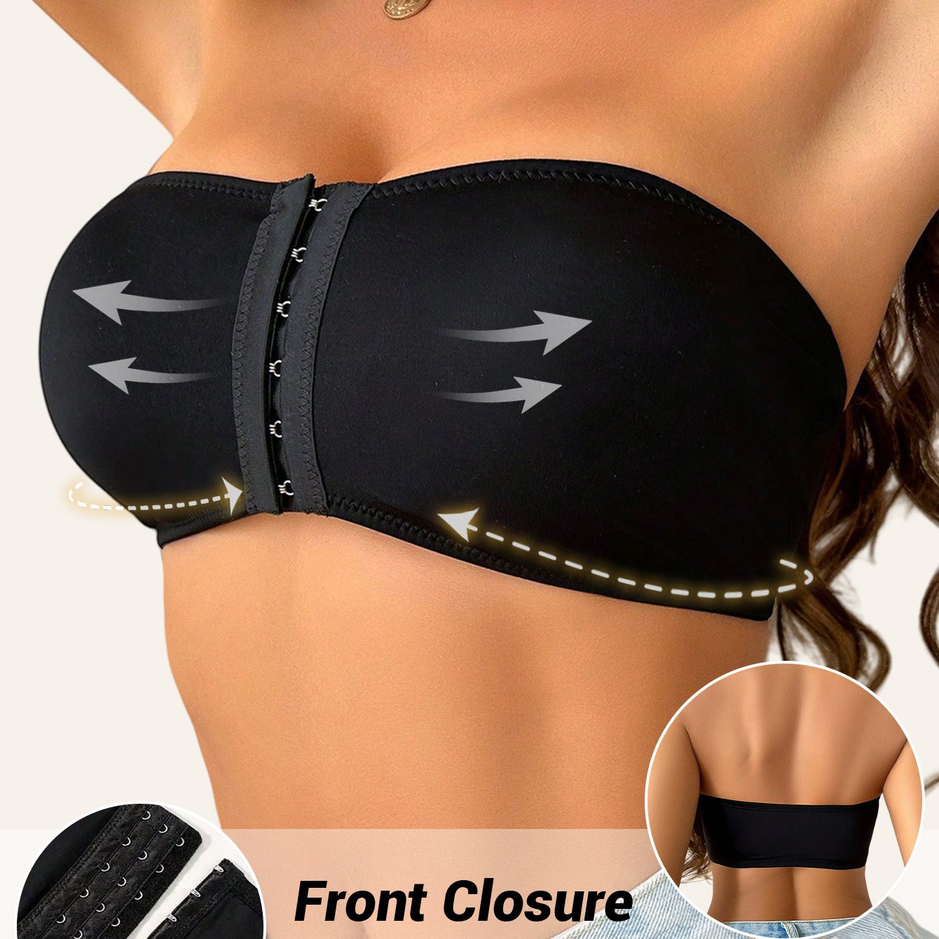 - Strapless bandeau bra with removable pads
- Made of breathable, high-elastic nylon blend
- Ideal for casual wear, yoga and dresses
- Front opening with contrast color
- Full coverage and