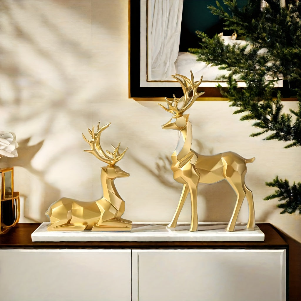 Golden reindeer ornament set for Christmas decor, ideal for office or home display. Great gift for Thanksgiving.