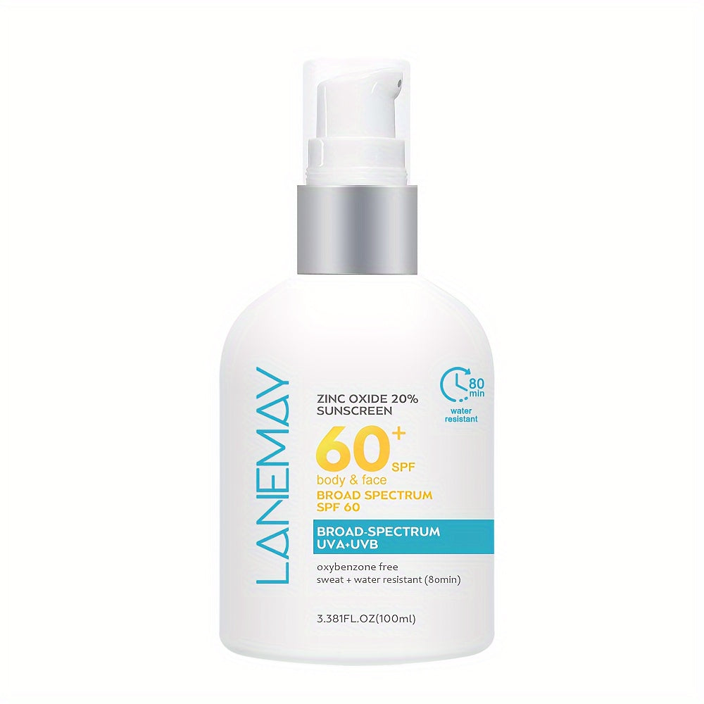 Lanemay SPF 60 Sunscreen Lotion with 20% Zinc Oxide for UVA/UVB Protection, Water & Sweat Resistant, Hyaluronic Acid & Vitamin E, 3.38 fl oz