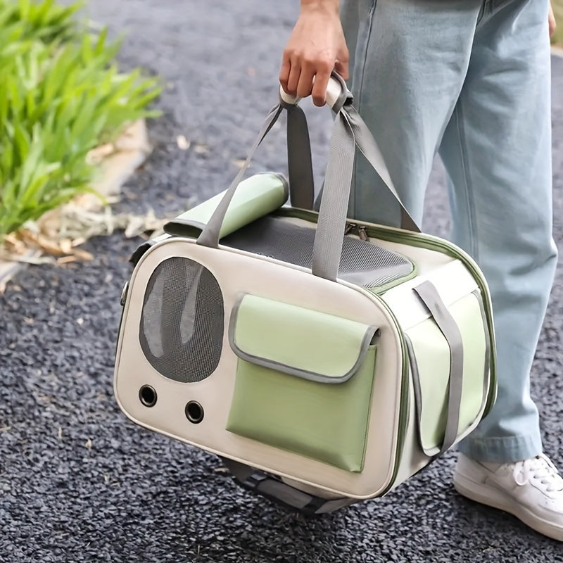 Portable pet carrier bag for cats and small dogs, fashionable, ventilated, foldable single shoulder space capsule for easy travel.