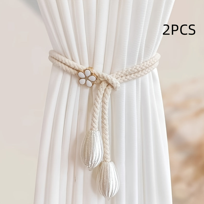 Set of 2 LuxeHome Curtain Straps with Floral Buckles - Stylish Rope Fasteners for Elegant Window Decor and Accessories