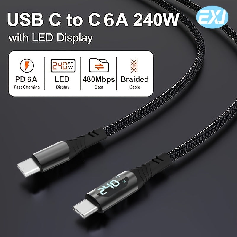 EXJ 240W Type-C to C Fast Charging Cable with Digital Display and Zinc Alloy Nylon Braid, Compatible with iPhone, Samsung, Xiaomi, Google, Computers, Tablets, iPads, Mobile Phones, and