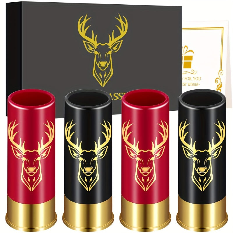 4 Elk Head Pattern Shot Cups, Bullet Shaped Shot Glass for Bars, Clubs, Restaurants, or Home use.