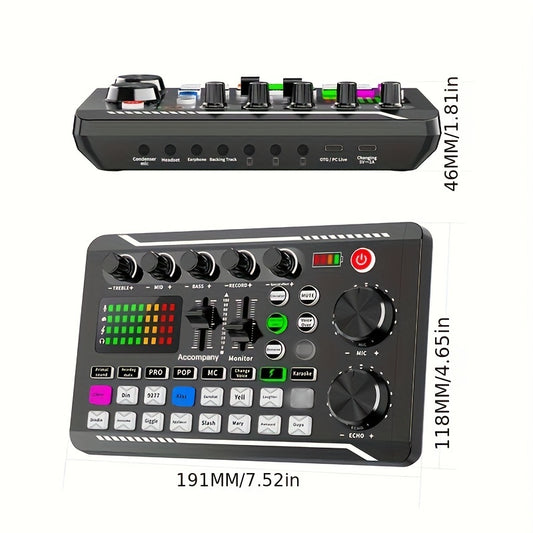 F998 Live Sound Card Audio Mixer with DJ Effects - USB Charging, Voice Changer & Sound FX for Karaoke, Streaming, Gaming in Black.