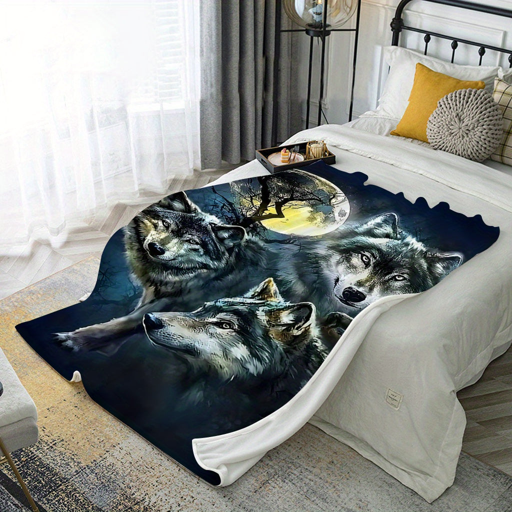 Soft and cozy Contemporary Wolves in Moonlight Design Flannel Fleece Throw Blanket, perfect for use on sofa, in the office, bed, camping, or while traveling. This multipurpose holiday gift nap blanket is made of knitted polyester, machine washable, and