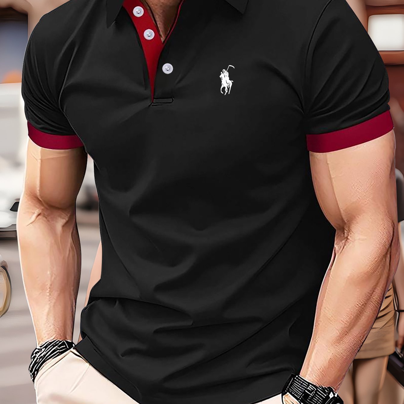 Polo graphic print men's golf shirt with lapel collar, short sleeve, slight stretch, ultra-comfortable and breathable for summer outdoor activities.