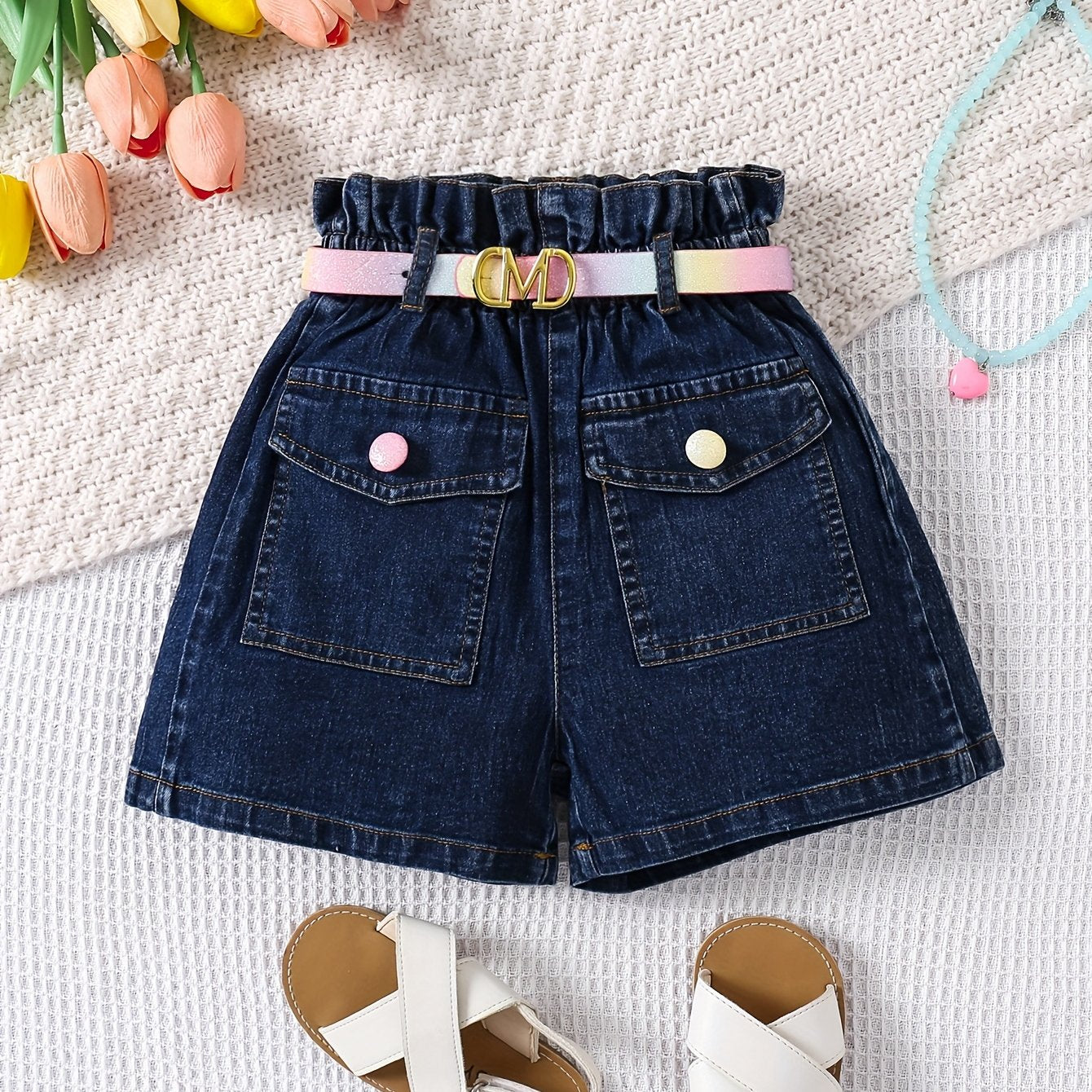 [Casual Joy] Girls' High-Waist Stretch Denim Shorts with Adjustable Belt - Comfy & Casual with Pockets, Ideal for Spring/Summer/Fall, Playful Youngsters Apparel|Cute & Durable Fabric