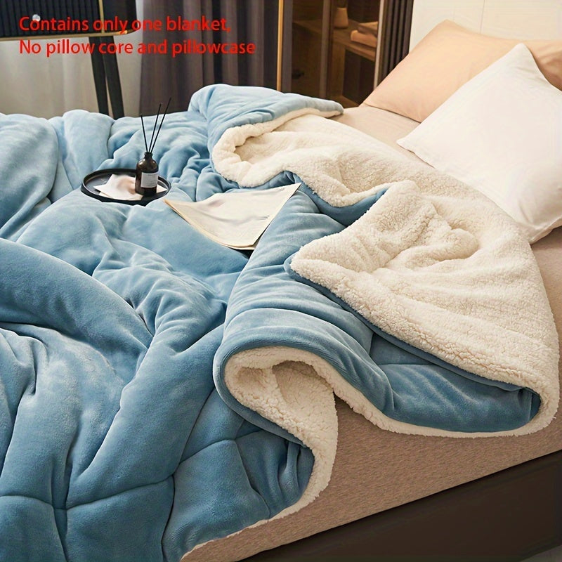 Light blue double layer blanket made of milk fleece and lamb fleece with crimping, perfect for casual relaxing, as a throw blanket, or for a cozy lunch break.