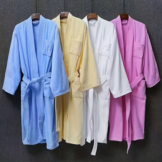 Soft cotton bathrobe with long sleeves, absorbent and loose fitting. Perfect for lounging at home or by the pool. Great for bathroom and bedroom use.