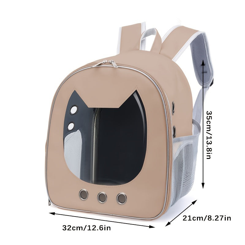 Portable cat backpack carrier with water-resistant material, breathable design and zip closure. Features comfortable shoulder straps for cats and small dogs, perfect for outdoor adventures.