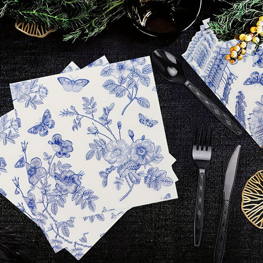 100 pieces of blue and white floral party supplies including dinner plates, dessert plates, napkins, and cups for bridal showers, weddings, tea parties, and birthday parties.