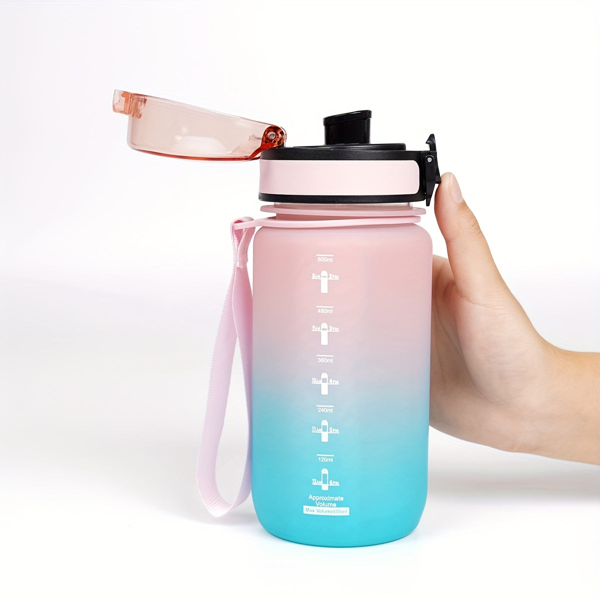 Outdoor sports water bottle with braided carrying rope and cup cover, portable, leakproof, time-volume mark, suitable for outdoor sports.