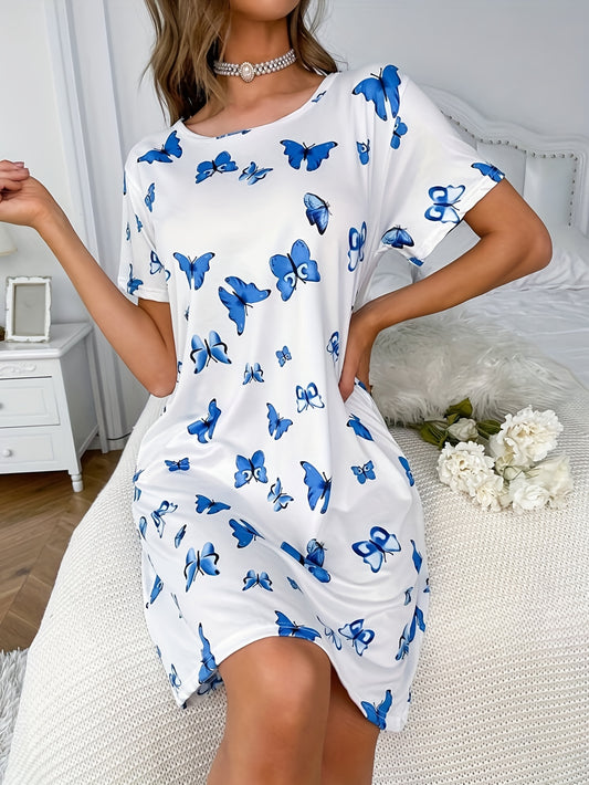 Casual butterfly print pajama dresses for women, perfect for sleepwear and lounging.