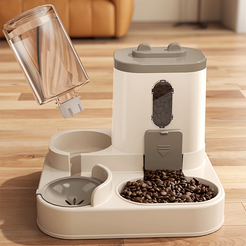 Combined automatic cat feeder and water dispenser for cats, non-electric and neck-friendly option for food and water.