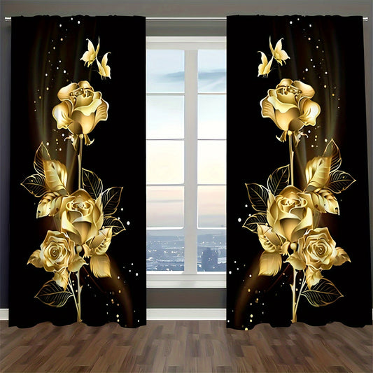 Two semi-transparent polyester curtains, adorned with a Valentine's Day theme of golden roses and butterflies, offer both privacy and style. Ideal for the living room or bedroom, these decorative curtains make a unique and romantic Valentine's Day gift.