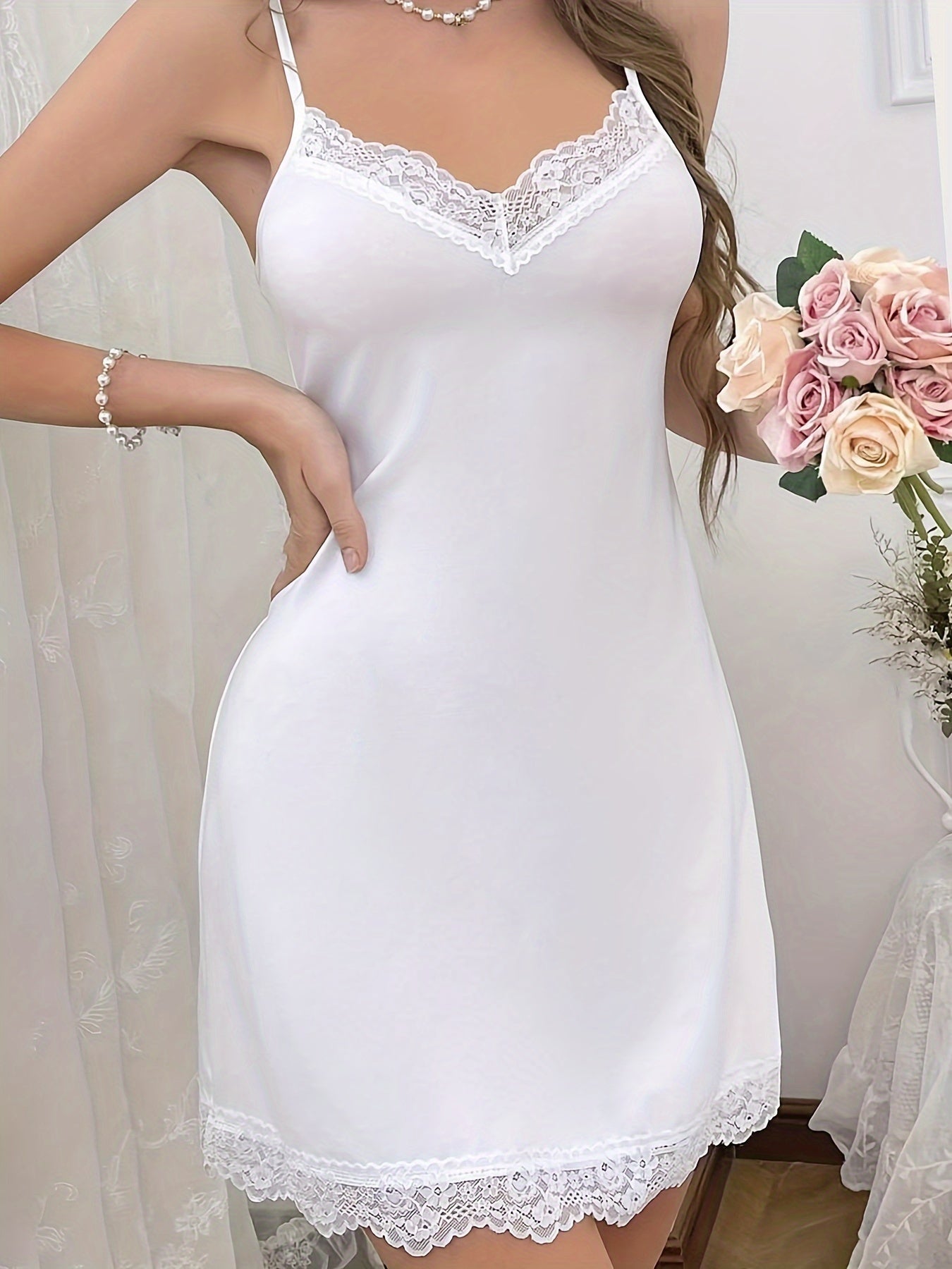 Solid lace trim slip dress with V-neck and backless design for women's comfortable sleepwear