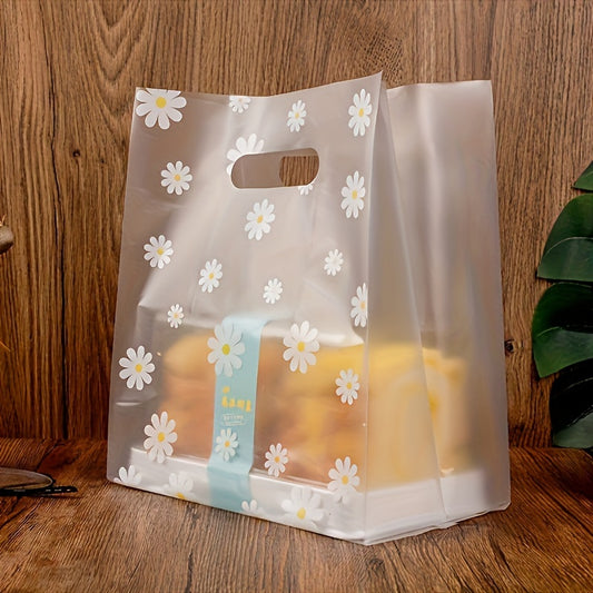 50 Thickened White Daisy Frosted Plastic Bags with Handles for Gifts - Transparent, Reusable Packaging with Easy Carry Handle