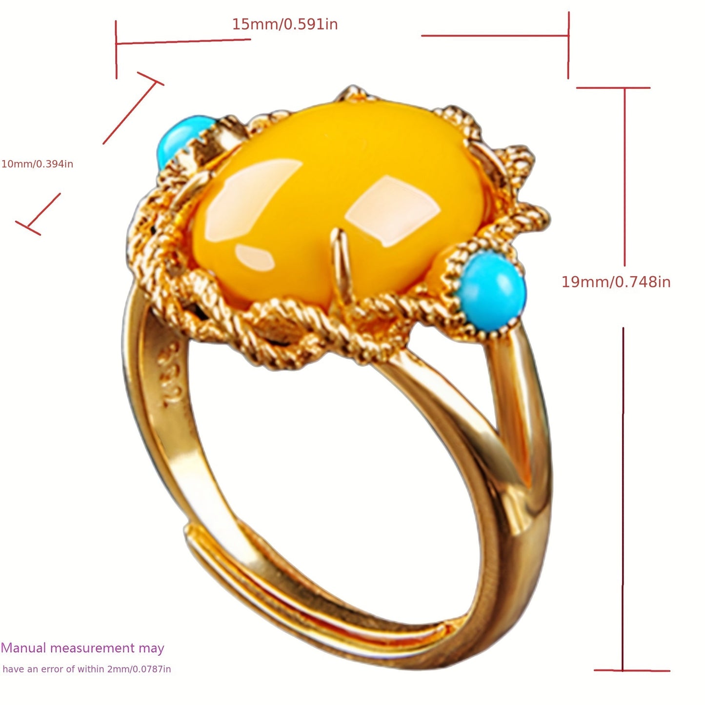 Vintage vacation style Claddagh ring featuring synthetic amber and turquoise stones, crafted with 18K golden plated 925 silver. The ring has an adjustable opening and is perfect for both daily wear and special occasions. This handcrafted personalized