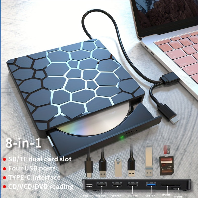 8-in-1 USB 3.0 External CD/DVD Drive: Compatible with Mac, Windows, and Linux for reading, burning, ripping, software installation, data backup, USB extension, and SD card reading.