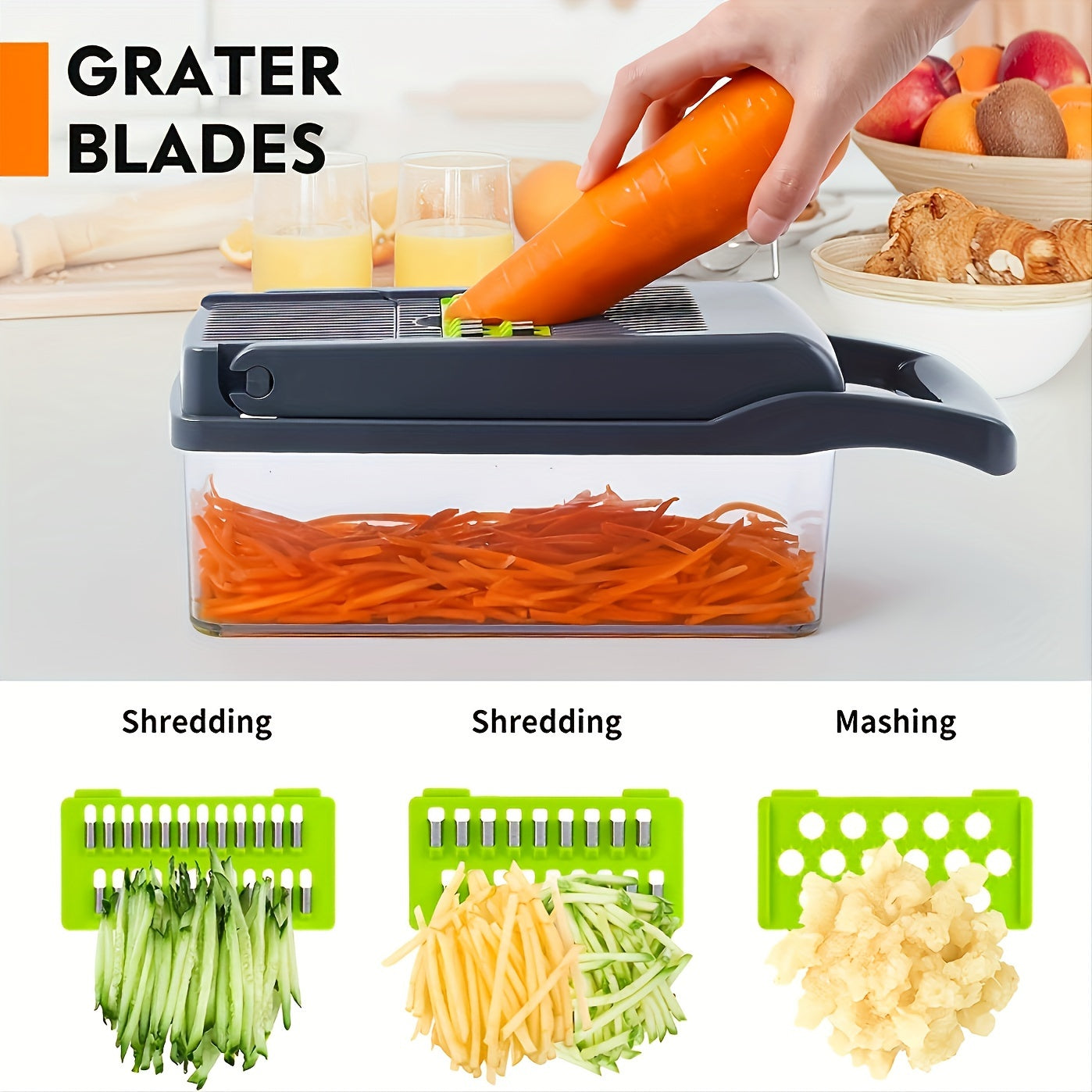 One kit containing a 13-in-1 Vegetable Chopper and Fruit Slicer with 8 blades and a container. This multifunctional manual tool can grate food, slice vegetables and fruits, mince onions, shred potatoes, and more. A must-have kitchen gadget for easy food