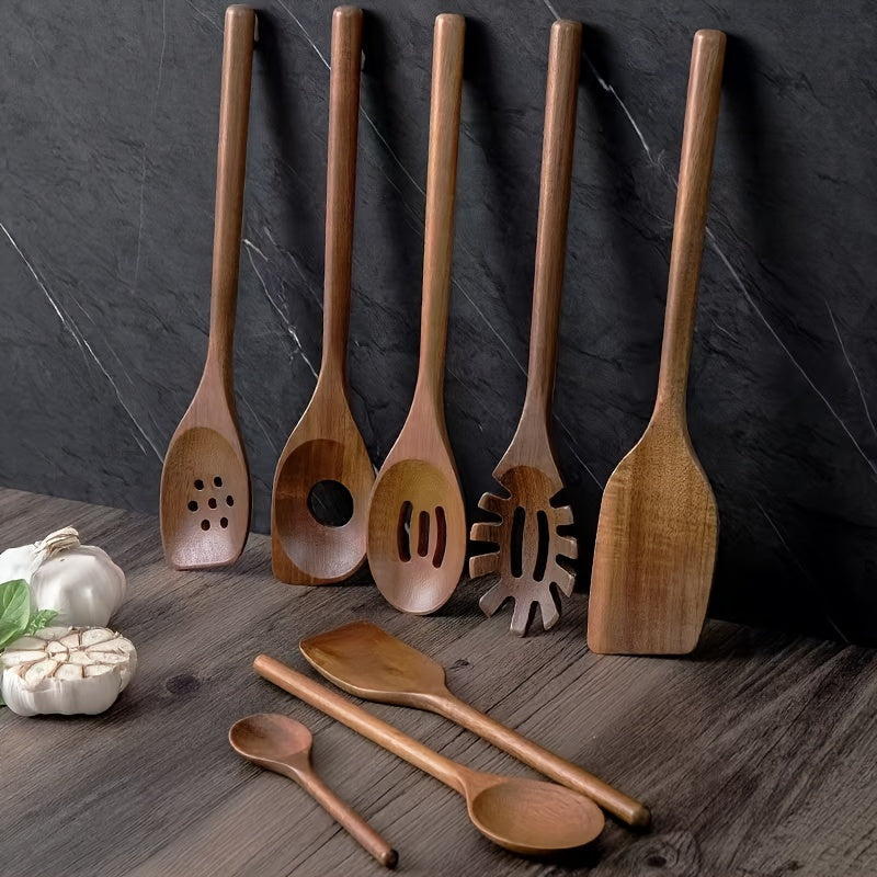 Set of 8 Acacia Wood Kitchen Utensils - Includes Non-Stick, Heat-Resistant Cooking Tools such as Spatula, Ladle, Rice Paddle, Stirring Spoon, and Salad Spoon