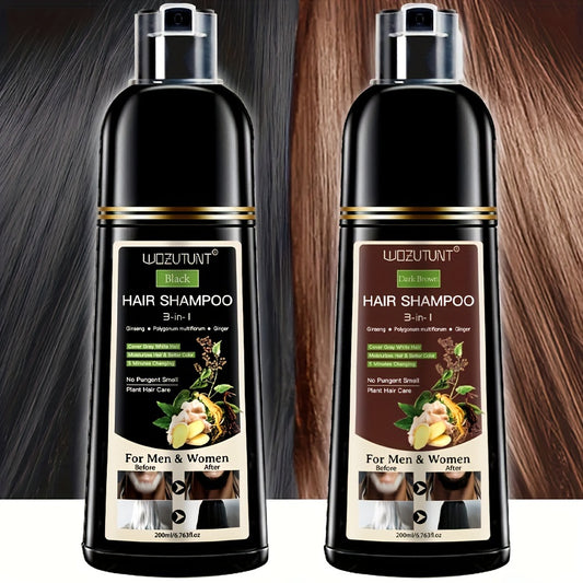 Hair & Beard Color Shampoo - Black & Dark Brown with Plant Squalane, Ginseng, Polygonum Multiflorum & Ginger Extracts, Gentle on All Hair Types