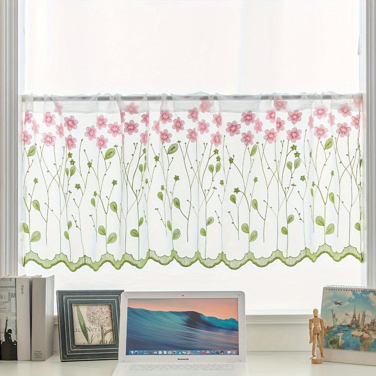 Embroidered sheer curtain valance for living room or cafe home decor, measuring 1 piece.