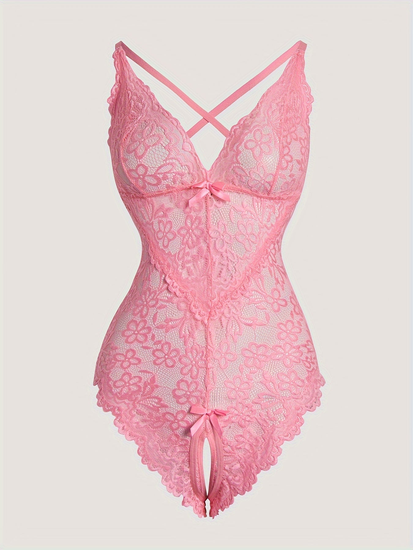 Adult size lace bodysuit made of polyester knit fabric with hollow-out detailing, no padding or belt.