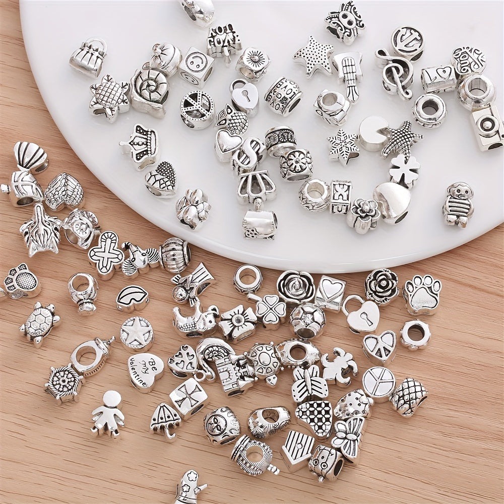 Set of 60 Fashion Metal Beads for Creating DIY Jewelry - Large Hole Design for Versatile Use in Necklace, Bracelet, Keychain, and Phone Charm Making - Timeless Styles Ideal for Crafting and Treasured Keepsakes