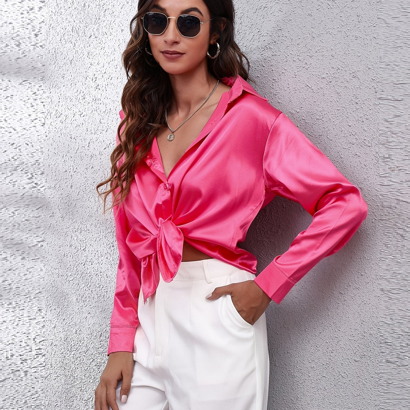 Women's Elegant Satin Shirt with Lapel Collar, Polyester, Solid Color, Regular Length, Single Breasted