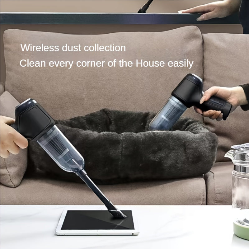 Multifunctional handheld vacuum cleaner can suck and blow dust, debris, pet hair, and is equipped with various accessories for different uses at home or in the car.