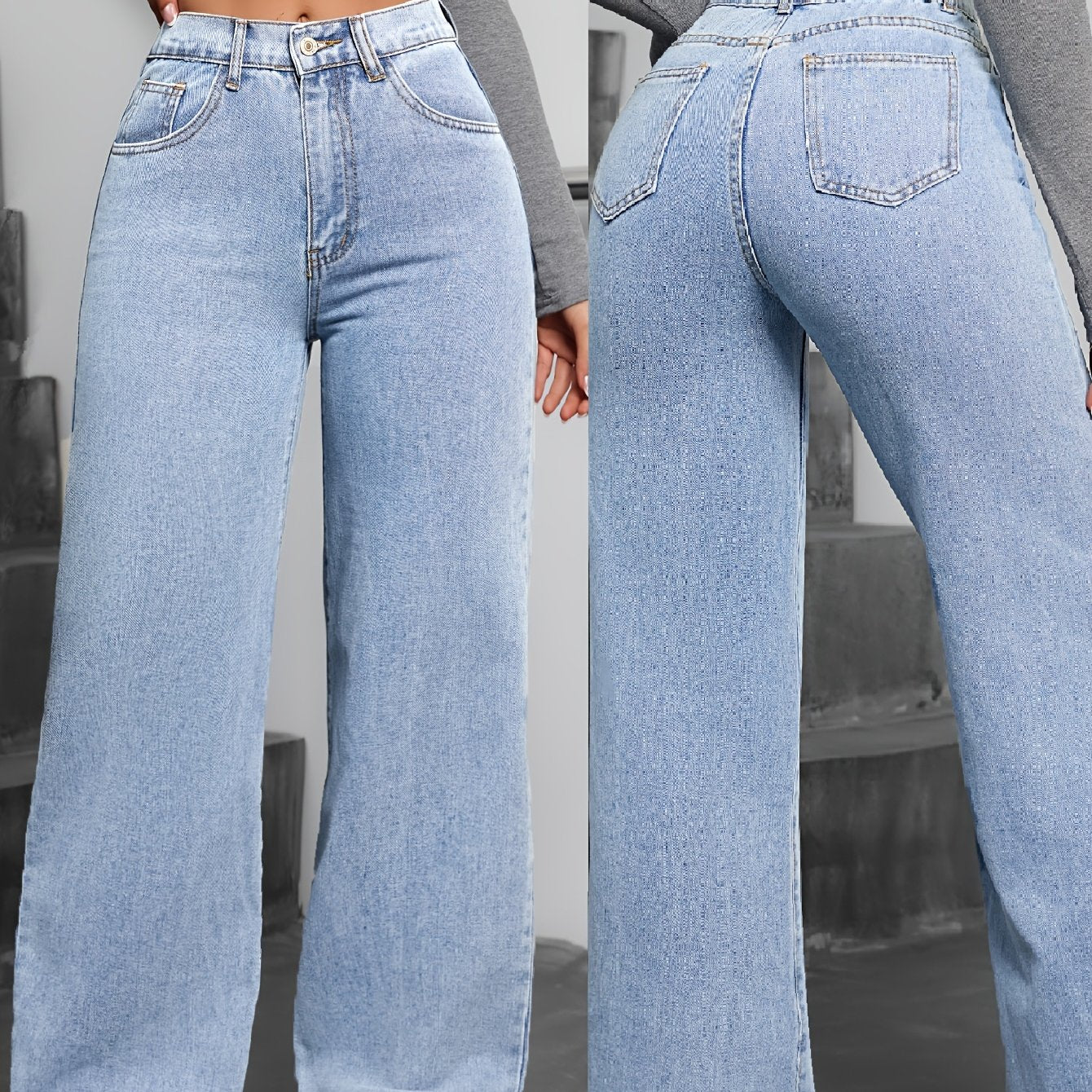 Simple washed blue denim pants for women, casual and basic style.