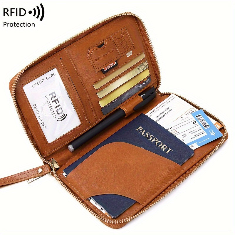 Brown PU travel wallet with RFID blocking for passports, cards, tickets, and IDs. Zipper closure and wrist strap, compact design with multiple compartments for secure organization.