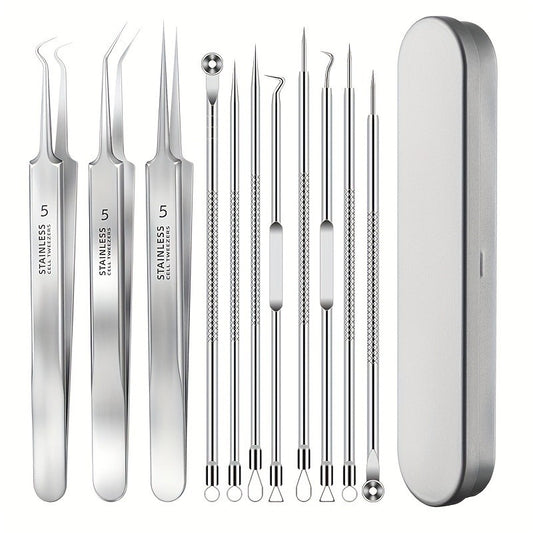 8-piece stainless steel extractor set for blemishes and pores; professional facial care tools for all skin types; scent-free comedone remover kit.