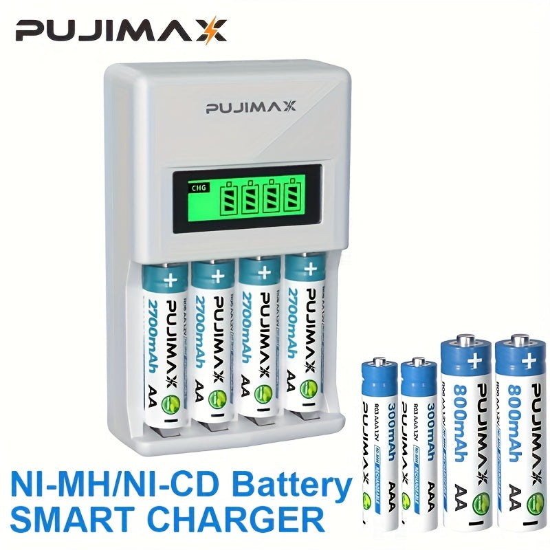 PUJIMAX USB Smart Battery Charger with 4 independent slots and LED display for fast charging of AA/AAA Ni-MH/Ni-CD batteries. Durable design, batteries not included.