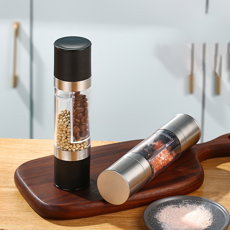 [Bestseller] Single Dual-Head Manual Pepper Grinder - Made with Stainless Steel, Durable Plastic, and a Transparent Design for Freshly Ground Black Pepper and Spices, a Must-Have Kitchen Tool with a Wooden Base