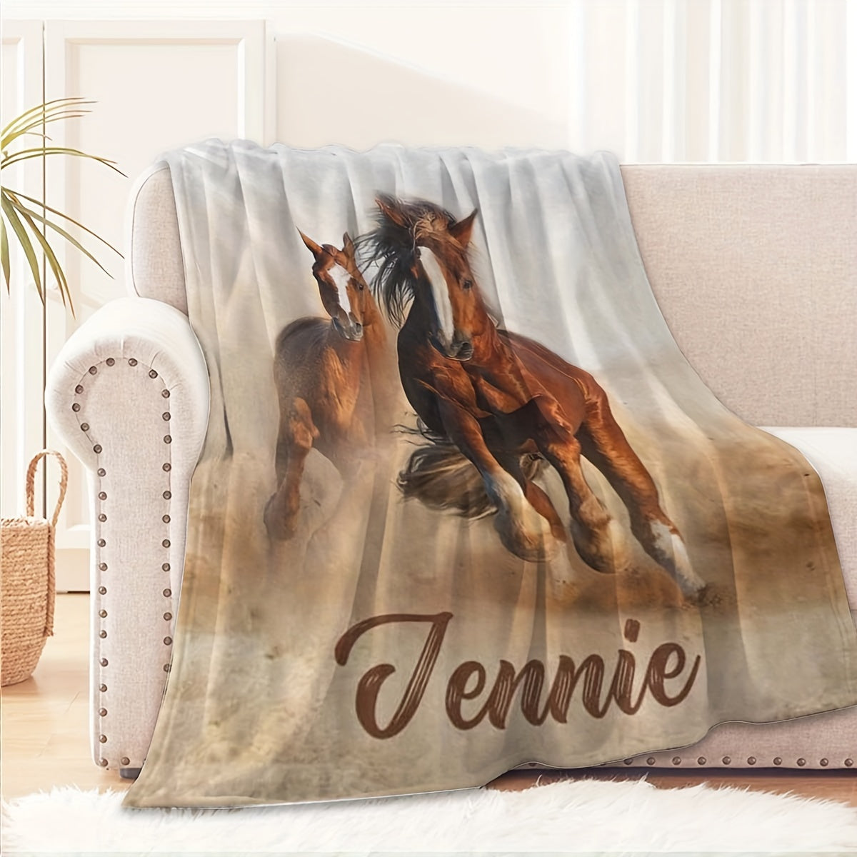 Personalized Horse Design Blanket with Custom Name - Perfect for Sofa, Bed, Travel, and Office - Machine Washable, Hypoallergenic Knit Polyester, Ideal for All Seasons